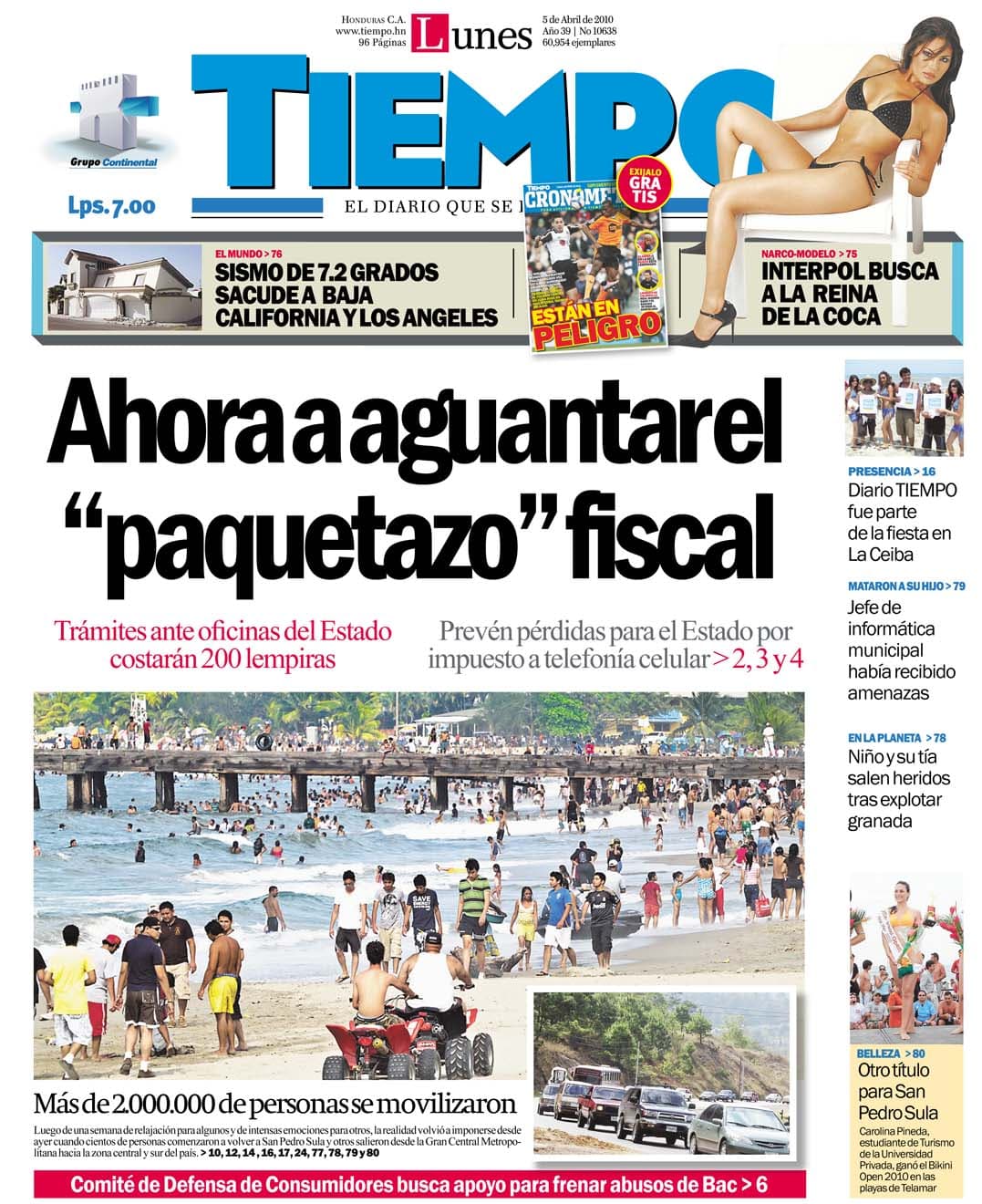 Portada histórica de Diario Tiempo, 05 de abril de 2010