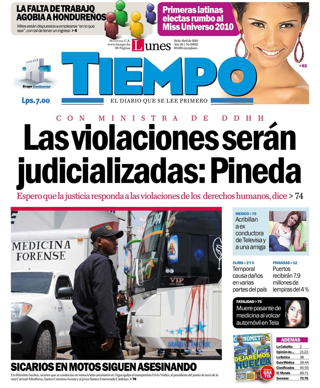 Portada histórica de Diario Tiempo, 19 de abril de 2010