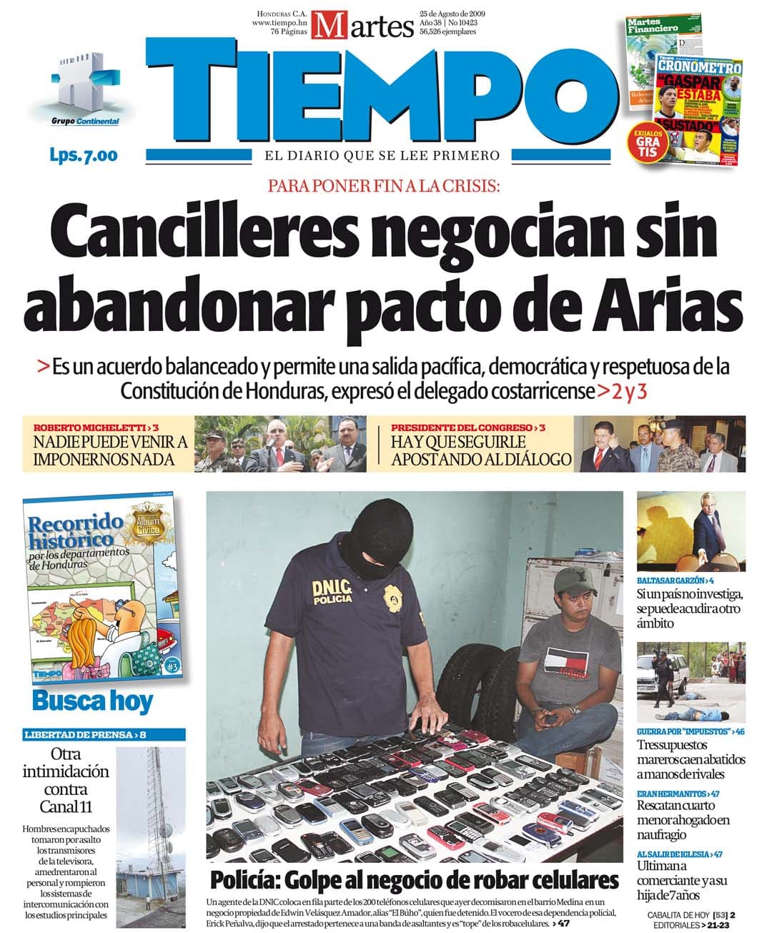 Portada histórica de Diario Tiempo, 25 de agosto de 2009