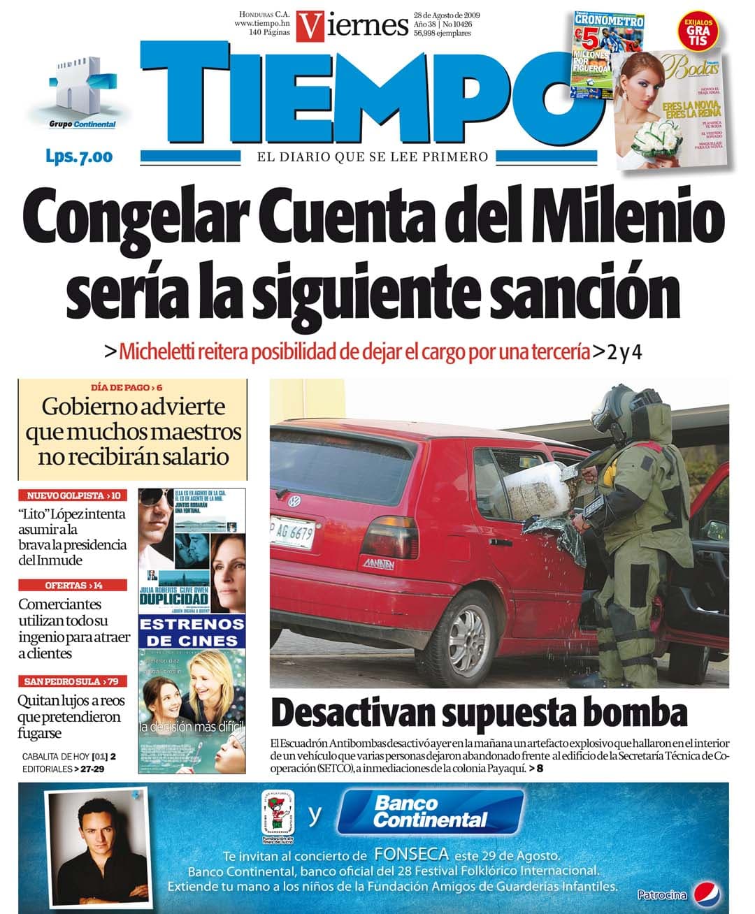 Portada histórica de Diario Tiempo, 28 de agosto de 2009