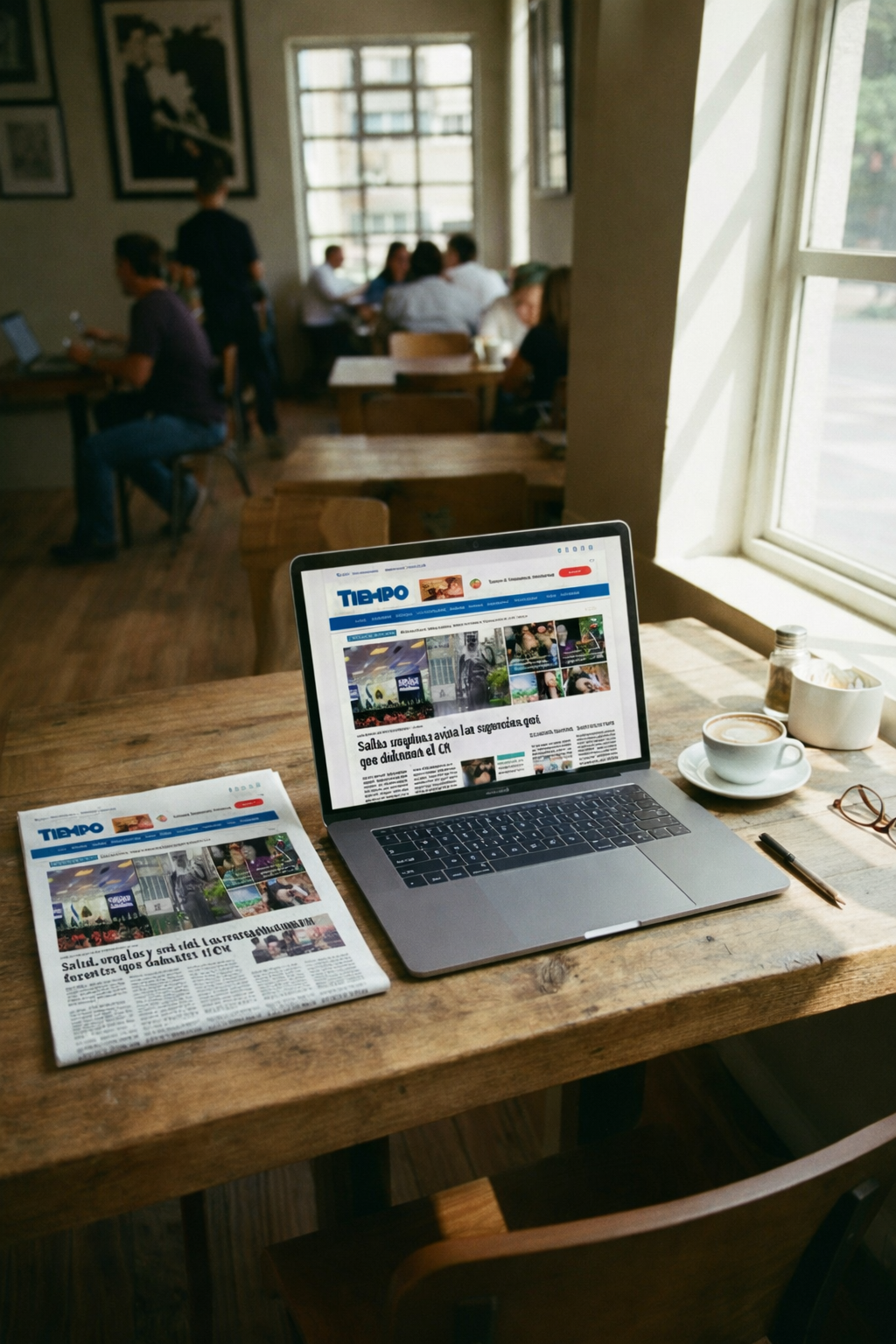 Escena editorial con periódico y café